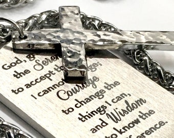 Serenity Prayer Necklace Handmade Hand Hammered Custom Waterproof Cross Pendant Silver Black Sobriety 12 Step AA Jewelry crucifix