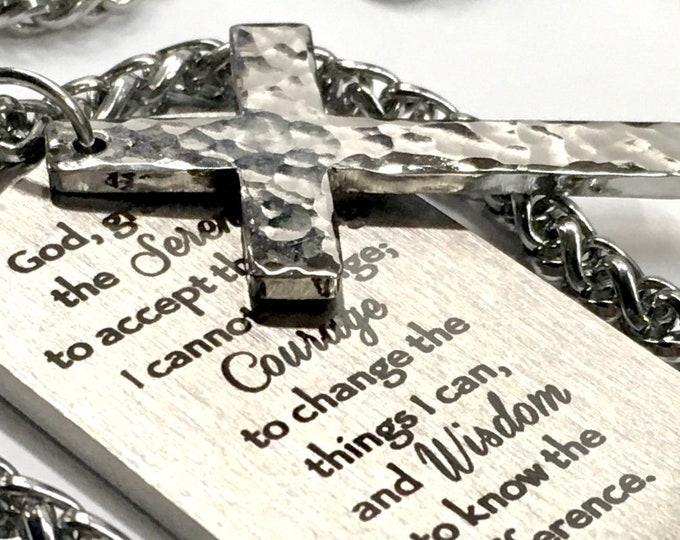 Serenity prayer necklace handmade cross dog tag hand hammered custom waterproof pendant silver black sobriety 12 step alcoholics anonymous