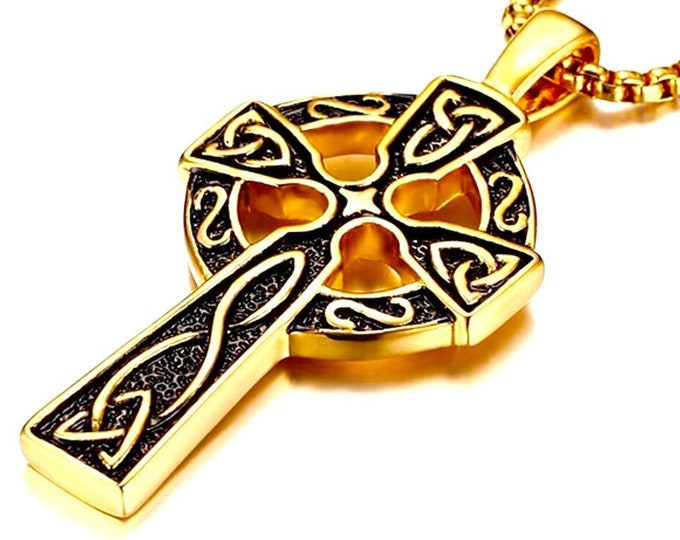 Gold Celtic Cross Mens Necklace Irish Knot Crucifix Waterproof Super Thick Cast Large Cross Vintage Filigree Viking Heavy Box Chain Jewelry