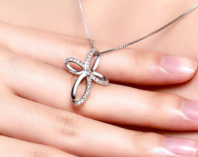 S925 Infinite Life Cross Necklace CZ Zircon Solid Sterling Silver Swirl Cross Necklace Hollow Swirl Jewelry for Women Girls Crucifix