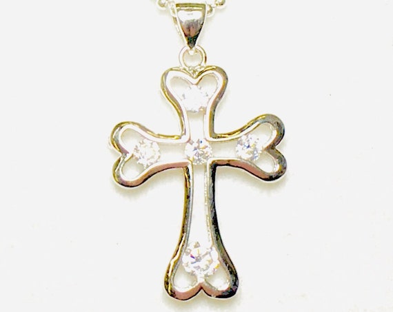 Silver 5 Stone Cross Necklace Crystal Inset Rhinestone with CZ Look Pendant for Woman Girls Chain Wedding Christian jewellery Jewelry