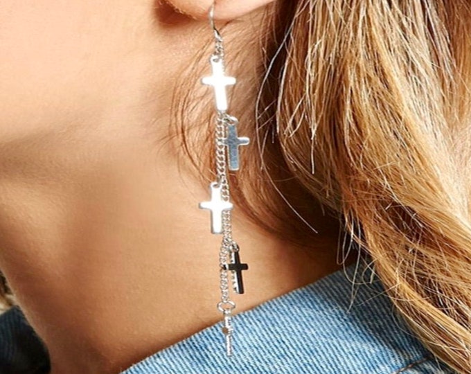 Silver Multi 5 Cross Earrings Boho Silver Chain Hippie Dangle Wedding Sideways Cross of Jesus Jewelry for Woman Jewellery for Girls