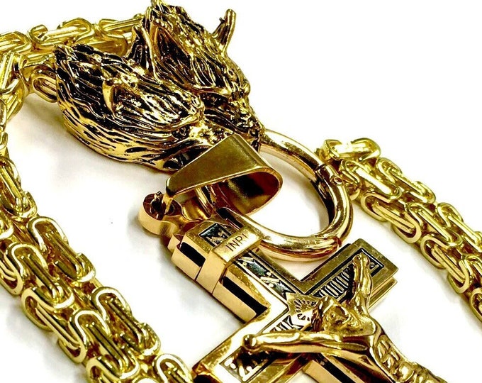 All Gold Wolf Head Necklace Large Catholic Crucifix Cross Super Heavy Byzantine Waterproof Chain Gothic Choker Punk Necklace Orthodox