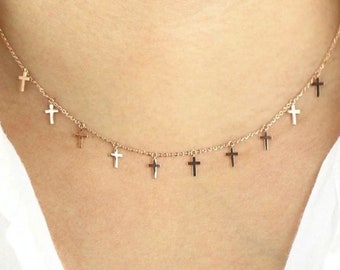 Multi Cross Silver Tiny Cross Necklace and Earrings Cross Chain Small choker Women Girls Meaning of the Horizontal Cross