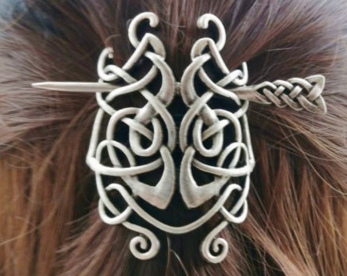 Tall Irish Hair Barrette Celtic Knot Metal Stick Hair Clip Viking hairpin Pullback Silver Braided Hairstyle Clip Hair accessories celtique
