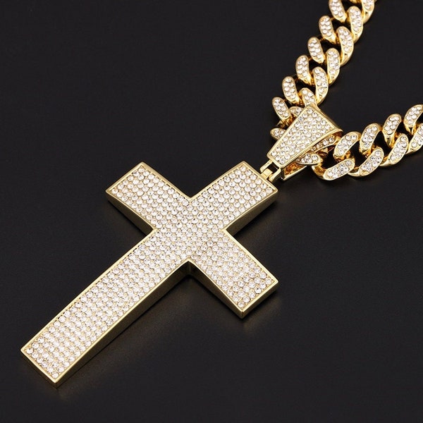 Large Bling Crucifix Cross and Swag Bling Chain Necklace for Men Silver Gold Iced Out Rapper CZ Heavy Thick Curb Chain Jewelry Jewellery