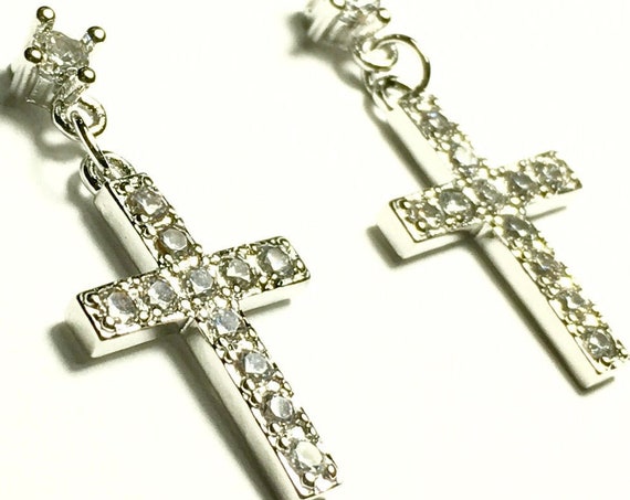 Silver RoseGold Cross Earrings Dainty Drop Dangle Studs Rhinestone Cast CZ Look Post Design Elegant Womens jewellery Girls jewelry jesus