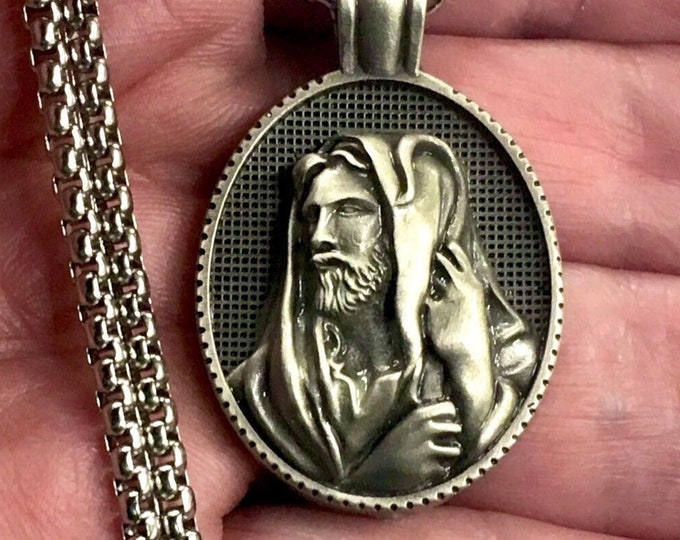 Gorgeous Vintage Jesus Shepherd Antiqued Tin Medal Cast Medallion Integrated Bail with Cross