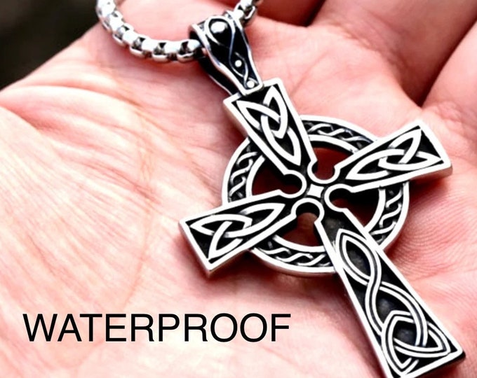 Silver Cross Necklace Celtic Irish Knot Crucifix All Stainless Steel Waterproof Hypoallergenic Cross Vintage Viking Smooth Box Chain Jewelry