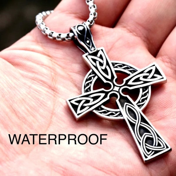 Silver Cross Necklace Celtic Irish Knot Crucifix All Stainless Steel Waterproof Hypoallergenic Cross Vintage Viking Smooth Box Chain Jewelry