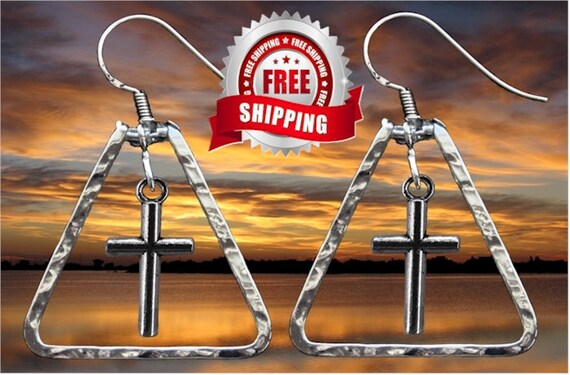 Silver Hand Hammered Cros Triangle Bar Earrings Drop Dangle Womens Girls Christian Jewelry - Saint Michaels Jewelry