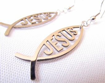 Set - silver jesus fish earrings greek ichthus high gloss hand polished earrings necklace hypoallergenic waterproof stainless steel ichthus