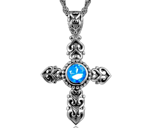 Solid Sterling Silver Red Ruby Cross Vintage Antique Necklace S925 Pendant for Women Cast Jewelry link Chain Jewellery for Girls