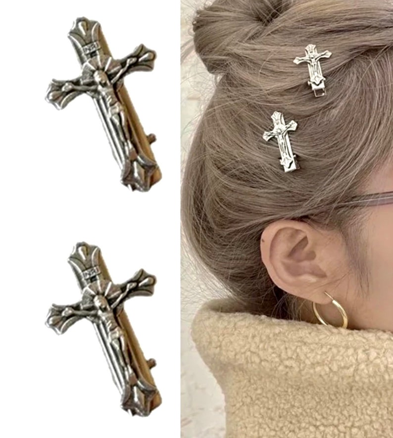 Cross Crucifix Hair Barrettes Silver Hair Clips Vintage image 3