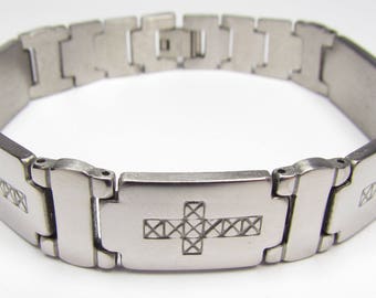Mens sideways cross bracelet silver engraved bangle cuff hypoallergenic waterproof stainless steel heavy thick meaning horizontal cross