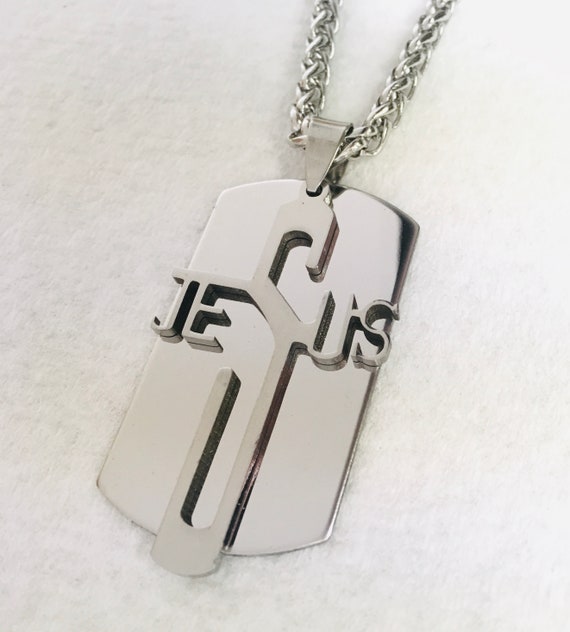 Cross Dog Tag Jesus Cut Necklace for Men Silver Long Jesus Cut Out Pendant Stainless Steel Mens Boys Christian Jewelry jewellery