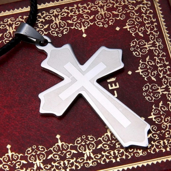 New Fashion Inner Cross Etched Stainless Classic Cross Silver Necklace Men Woman Chain Christian Jewelry