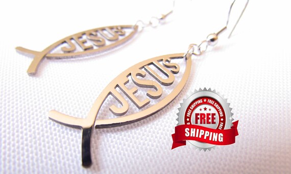 High Gloss Hand Polished Silver Jesus Fish Cut Out Earrings Necklace Stainless Steel Ichthus Ichthys ΙΧΘΥΣ Greek - Saint Michaels Jewelry
