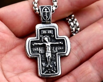 Ancient Crucifix Russian Orthodox Viking Cross Necklace for Men All Silver Stainless Steel hip hop Jesus