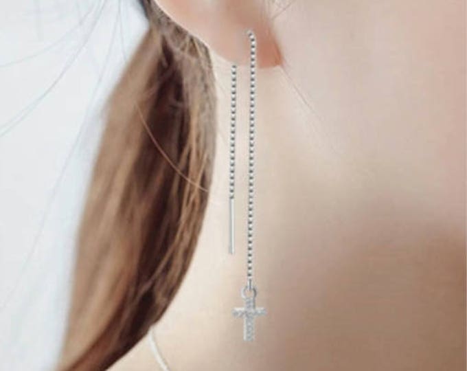 Silver Chain Cross Earrings Modern Small Long Drop Dangle Design for Women Girls Cross of Jesus Christian Jewelry jewellery