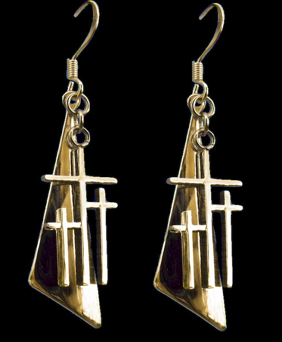 Gold Calvary 3 Cross Earrings Triangle Back Drop Dangle Womans Modern Christian Jewelry - Saint Michaels Jewelry - Calvary Three Cross