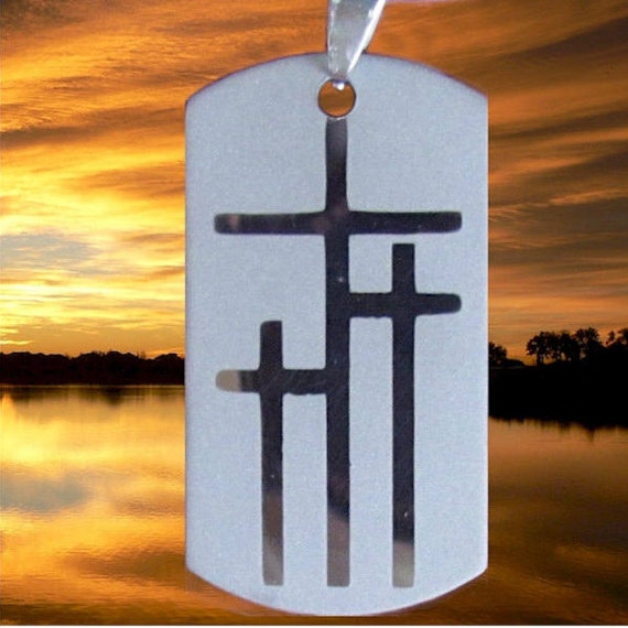 Medium Silver Calvary Three 3 Cross DogTag Pendant Heavy Chain Stainless Christian Jewelry - Saint Michaels Jewelry - Calvary Three Cross