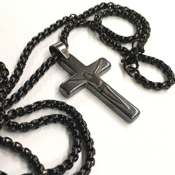 Black Cross Necklace Obsidian Hematite Black Mens Ancient Old