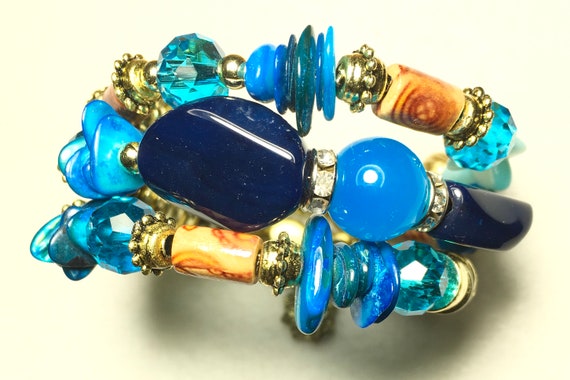 Cuff Bracelet Bangle Blue and Mulit Colored Beads Silver Charm Wrap Boho Hippie jewelry for Women Girls Cuff jewellery