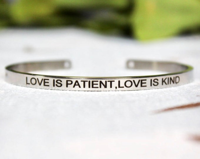 Love is Patient, Love is Kind Cuff Bracelet Waterproof Stainless Steel Bangle Black Engraved Cuff