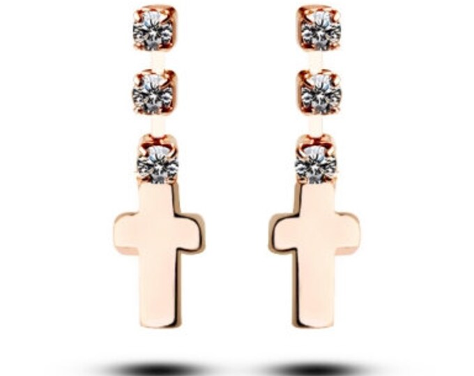 Gold Cross Stud Earrings Dainty Dangle 3 Drop CZ Post Design Elegant Jewelry for Women cross of jesus jewellery for Girls