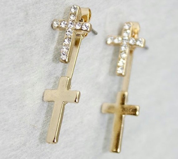 Double 2 Cross Dangle Gold Earrings Two Piece Design with Crystal as a Bridal Accessory Jewelry for women jewellery for Girls