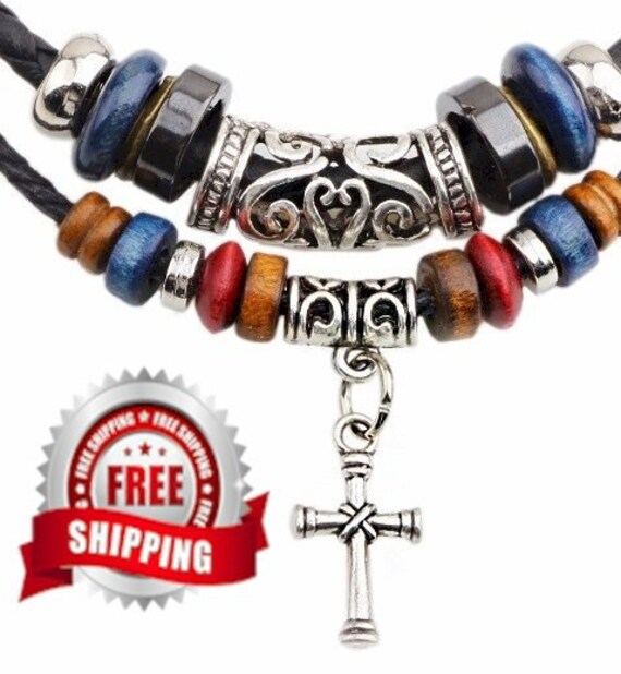 Boho 2 Strand Wood Bead Alloy Cross Charms Pendant Necklace For Women Men Christian Jewelry - Saint Michaels Jewelry - Calvary Three Cross