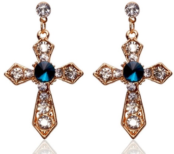 Gold Wedding Earrings and Necklace Rhinestone Studded Cross Pendant Set Earrings for Woman Girls Christian Jewelry jewellery