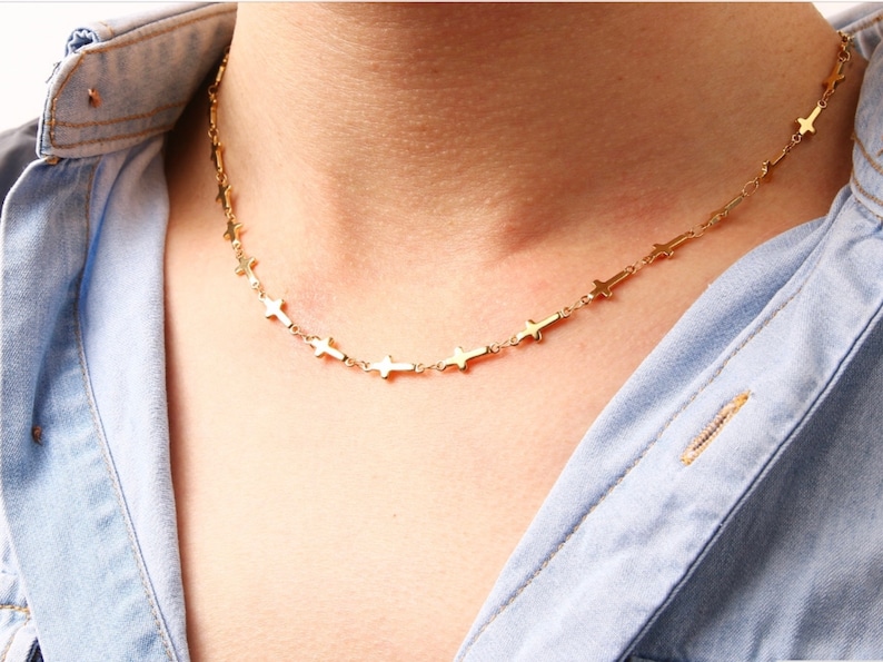 Sideways Cross Tiny Cross Chain Bracelet Necklace Earrings Small Crosses Chain for Women Girls Meaning of the Horizontal Cross Jewelry