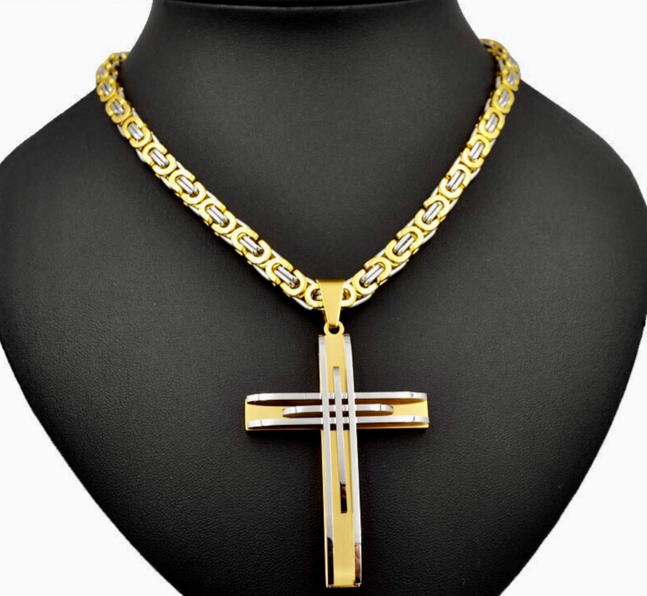 Large 3 Cross Crucifix Necklace Catholic orthodox Men Byzantine Chain ...