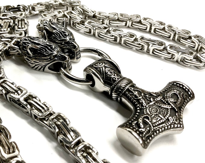 Double Wolf Head Necklace Hammer of Thor Viking Celtic Irish Knot Crucifix Waterproof Hypoallergenic Vintage Odin Valknut