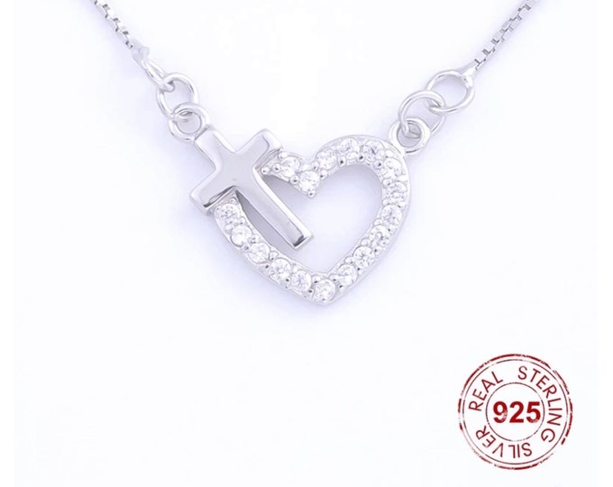 Solid Sterling Silver Open Heart Cross Necklace Crystal CZ Zircons S925 Petite Interior Cross Jewelry for Woman Sacred Heart of Jesus