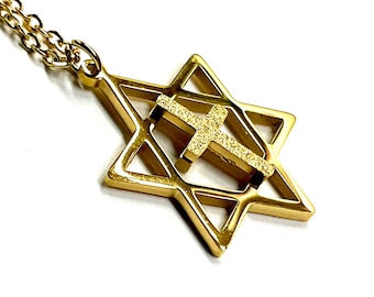 Messianic Star of David with Cross Necklace Charm Pendant Silver Gold Cross Crucifix Necklace for Men  Stainless Steel Jesus