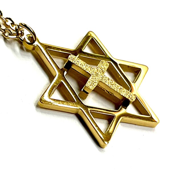 Messianic Star of David with Cross Necklace Charm Pendant Silver Gold Cross Crucifix Necklace for Men  Stainless Steel Jesus