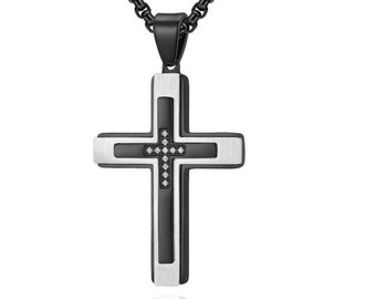Medium Black Gothic Crucifix Cross Catholic Necklace for Men Black Jesus Gold Stainless Steel Box Chain Jewelry Boys Jewellery