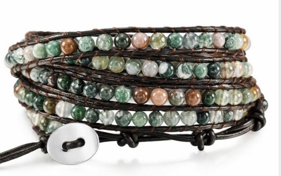 Bracelets Natural Stone Wrap Natural Colors Bangle Cuff Brown Leather Boho Hippie Bracelets for Women Men Girls