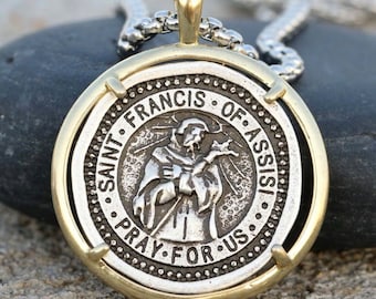 Saint Francis of Assisi Necklace Protector of animals environment Black Enamel Stainless Pendants Patron Saint Police Officers Soldiers