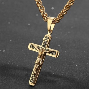 Large Gothic Cross Crucifix Necklace Orthodox Men Gold Black Waterproof ...