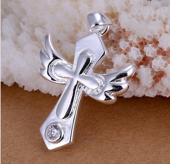Angel Wing Cross Necklace Sterling Silver Silver Beautiful Cast Rhinestone Pendant Jesus Jewelry jewellery