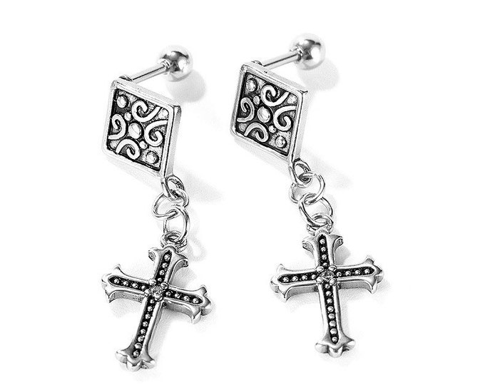 Athletic Silver Cross Dangle Earrings with Screw back posts Hypoallergenic Stud Cross for Women Men Drop Cross of Jesus Jewelry Jewellery