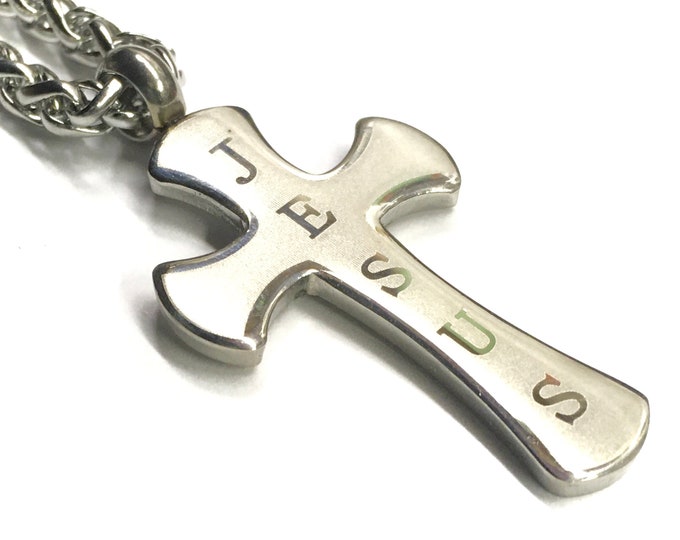 Jesus Cross Necklace for Men Silver Pendant for Women JESUS Etched Stainless Classic Cross of Jesus Jewelry Chain Christian Jewellery