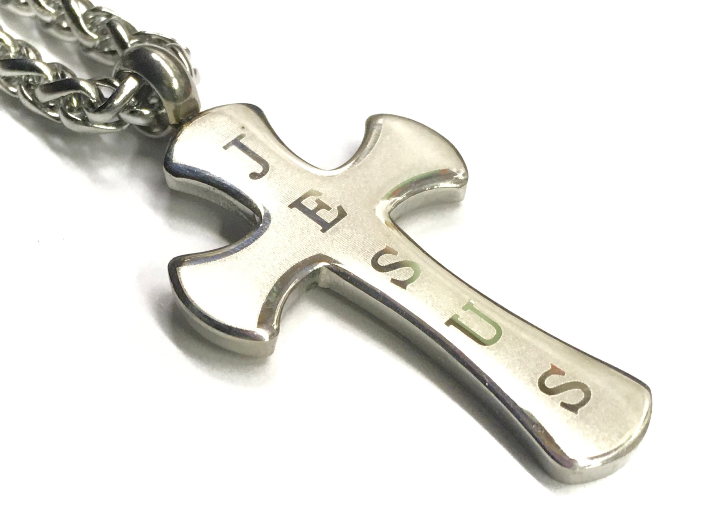 Jesus Cross Necklace for Men Silver Pendant for Women JESUS Etched
