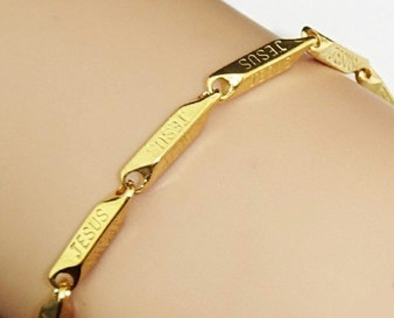 Gold JESUS Stamped Bracelet Necklace Square Bar Chain Link Gold Plated Stainless Steel Christian Jewelry - Saint Michaels Jewelry