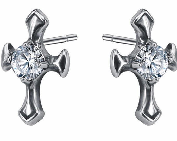 Mens Large Zircon Cross Earring Stud for Women Men Waterproof Hypoallergenic Stainless Steel Silver Stainless Steel Crucifix Hip Hop Punk