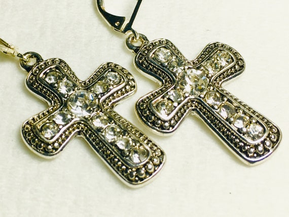 Silver Antique Crystal Cross Cast Alloy Earrings with Inlaid Rhinestones Crosses Christian Jewelry Modern Womans Girls